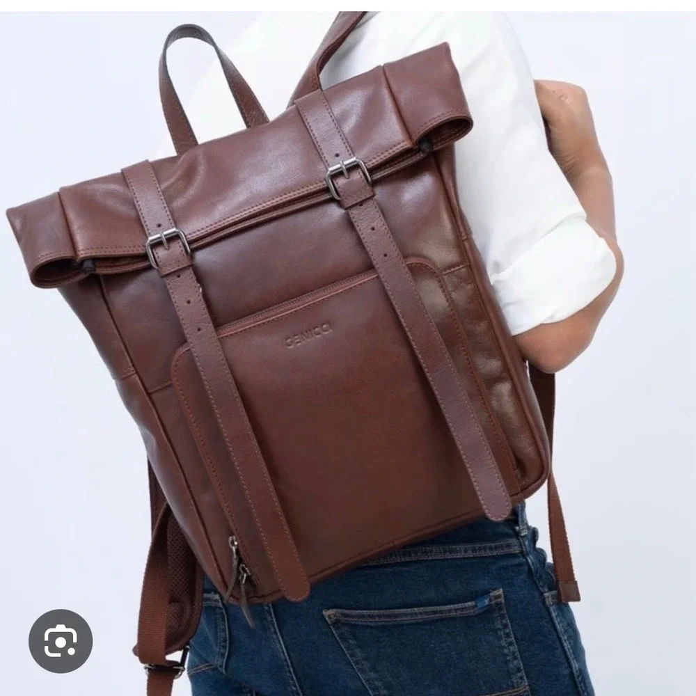Genicci Unisex Genuine Leather Roll Top Double Buckles laptop backpack‎ brown